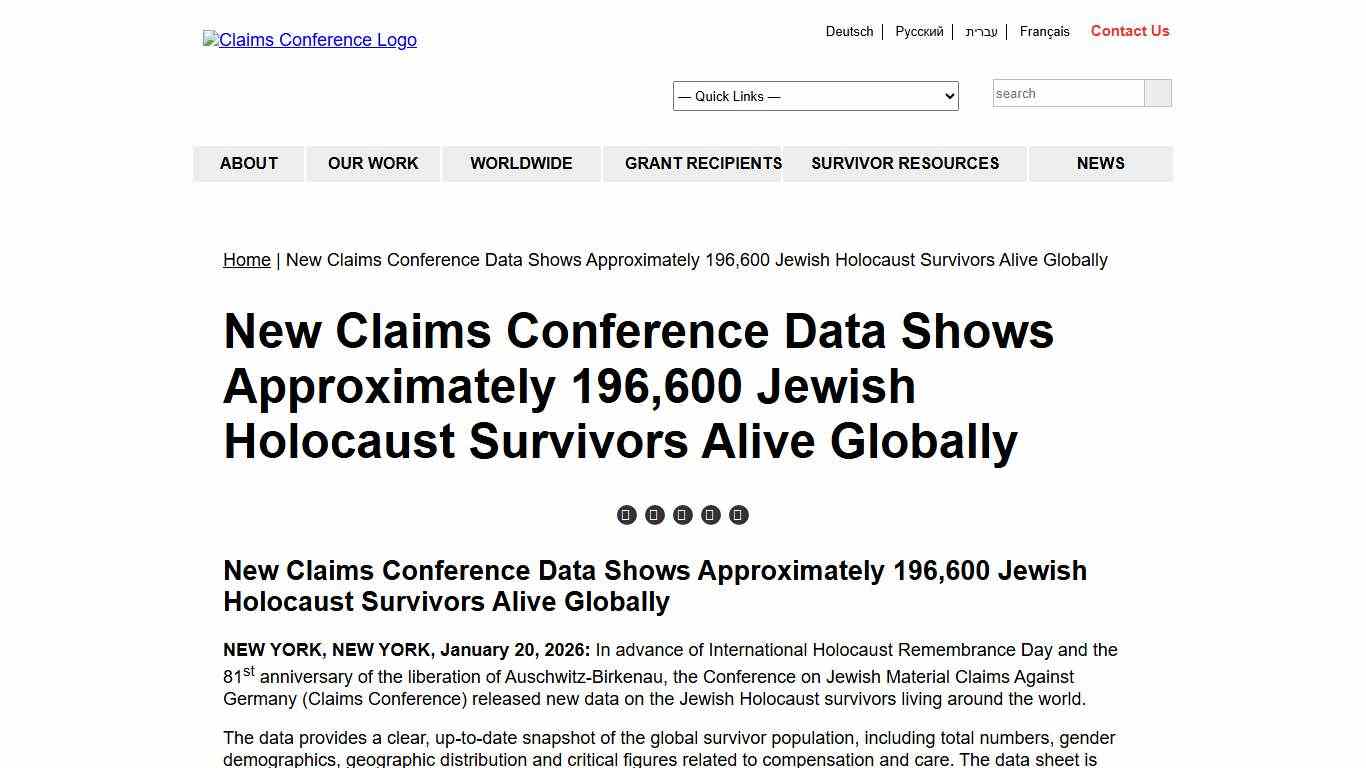 New Claims Conference Data Shows Approximately 196,600 Jewish Holocaust Survivors Alive Globally - Claims Conference