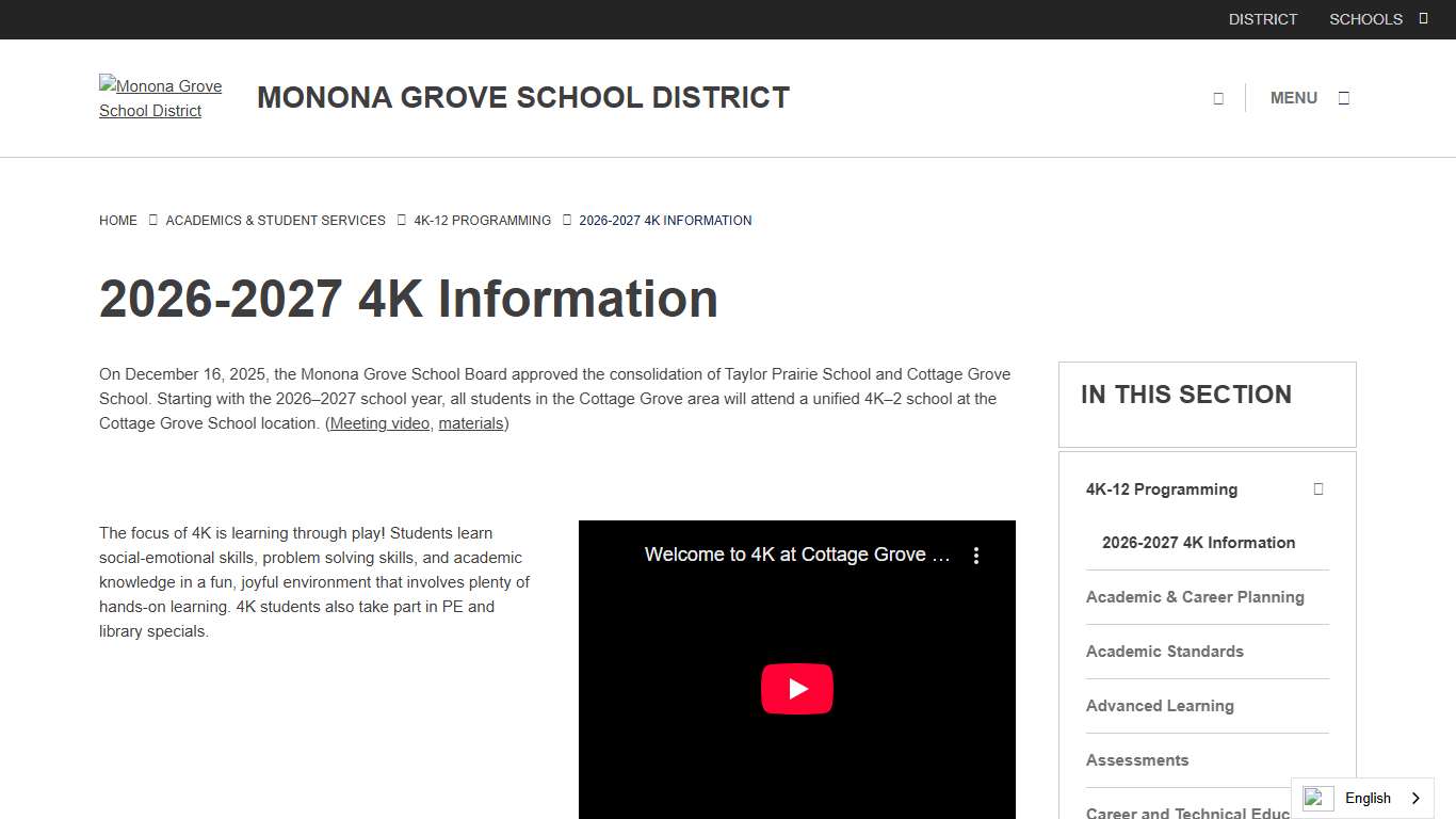 2026-2027 4K Information - Monona Grove School District